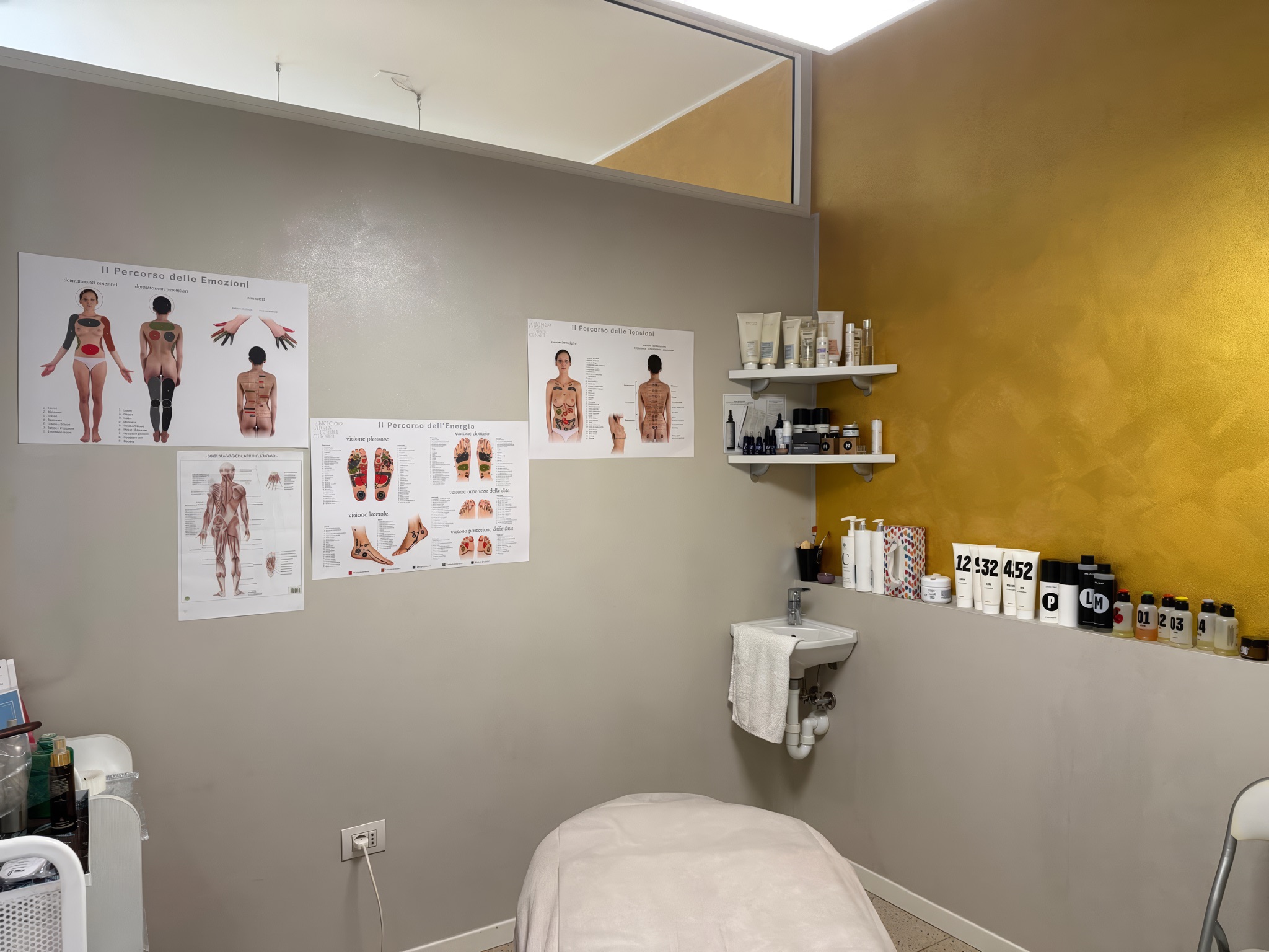 La cabina massaggi con le mappe dei percorsi riflessologici alle pareti